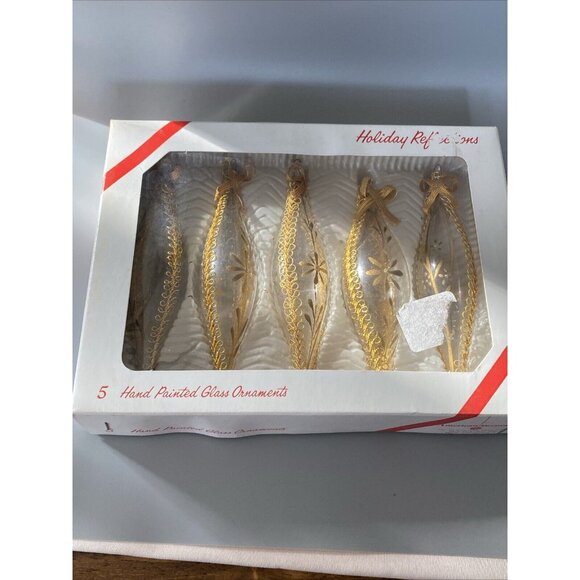 5 Vintage Clear Glass Icicle Tear Drop Christmas Ornament Gold Accent Hand Paint - Picture 10 of 12